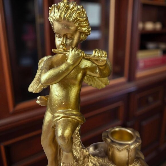 Vintage Gold Angel Candle Holders With Wings & Flute Design 6" X 4" Resin Taper - Picture 3 of 11